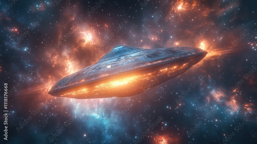 A glowing flying saucer UFO spaceship against a background of colorful nebulae in space. A glowing flying saucer UFO spaceship against a background of colorful nebulae in space.