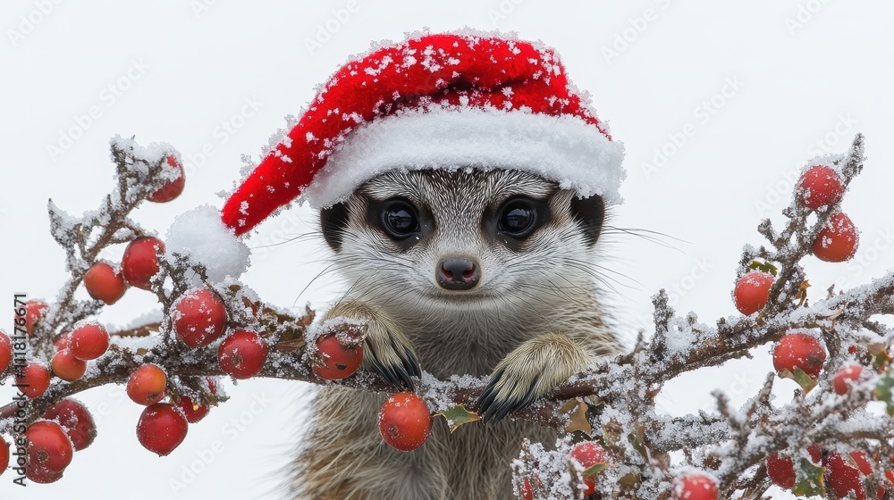 Cute Meerkat Wearing Santa Hat Surrounded by Snowy Branches with Red Berries Cute Meerkat Wearing Santa Hat Surrounded by Snowy Branches with Red Berries