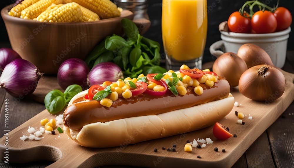 Hot Dog with Corn and Tomatoes Hot Dog with Corn and Tomatoes