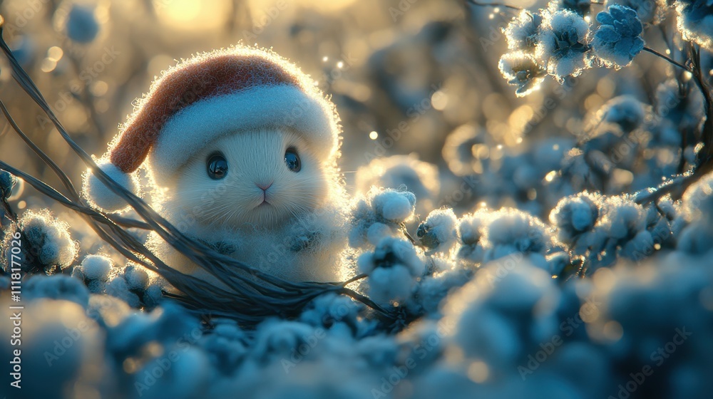 Obraz premium Cute fluffy bunny wearing Santa hat sitting in snowy cotton field during winter
