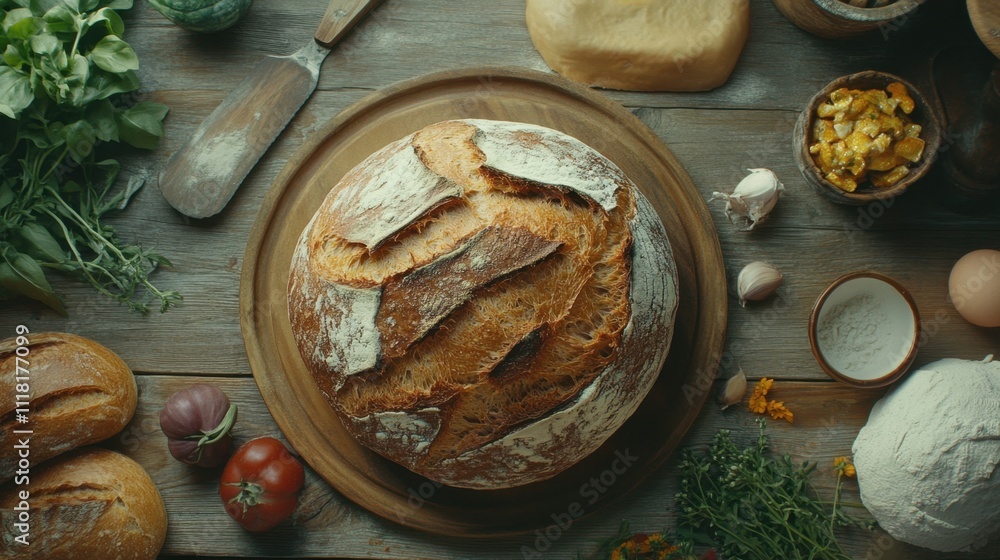 Homemade Organic Rye Bread on Wooden Table Homemade Organic Rye Bread on Wooden Table