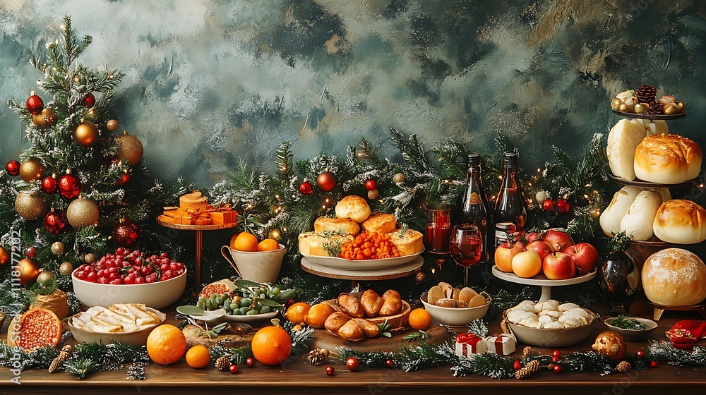 Fototapeta premium Flat design depiction of a maximalist Christmas dining table featuring layered decor roasted dishes and festive details