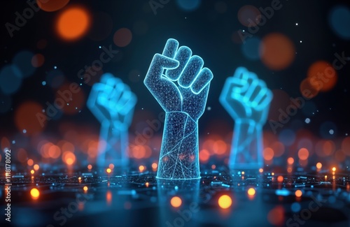 Digital fists raised in futuristic tech network. Unity, revolution symbolized by polygonal hands. Abstract, powerful visual represents collective digital uprising, strength. Cybernetic activism, photo