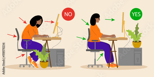 Correct good position vs bad incorrect posture for sitting at computer desk. Right and wrong flowerpot and wires located. Right and wrong back, neck and legs poses of woman at workplace. Vector 