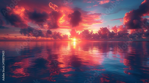 Fototapeta Naklejka Na Ścianę i Meble -  Beautiful sunset at Maldives island with water bungalows.