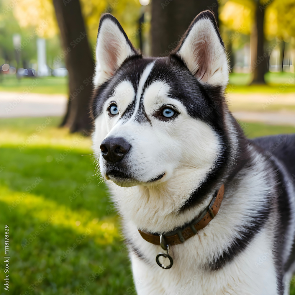 Vertical portrait of a Siberian Husky dog in the park Vertical portrait of a Siberian Husky dog in the park