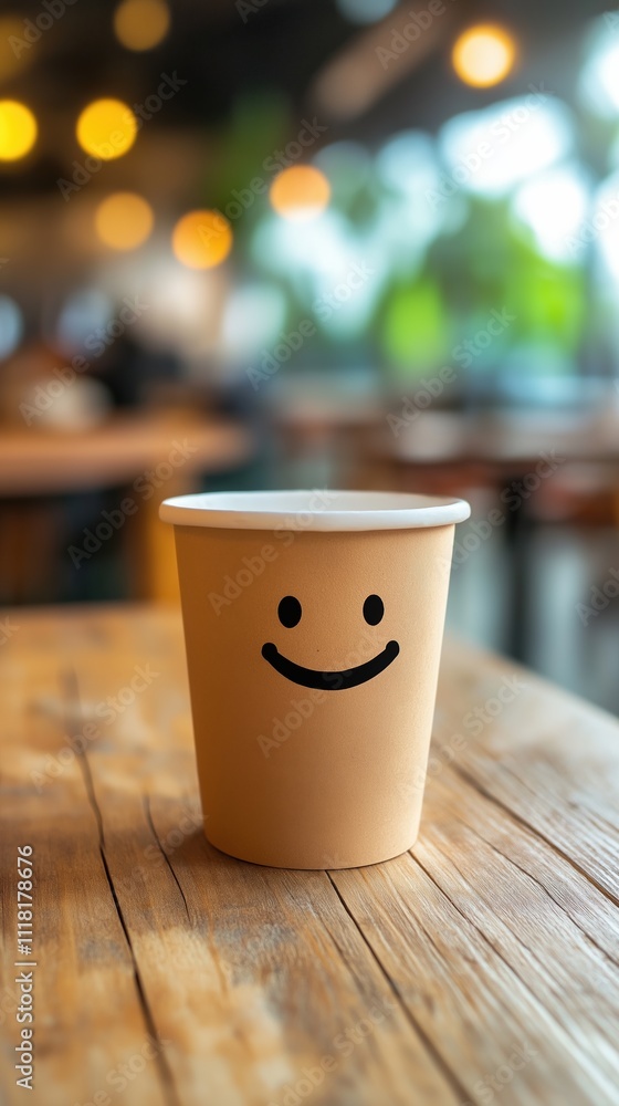 Coffee cup with a smiley face in a blurred office setting during the day Coffee cup with a smiley face in a blurred office setting during the day