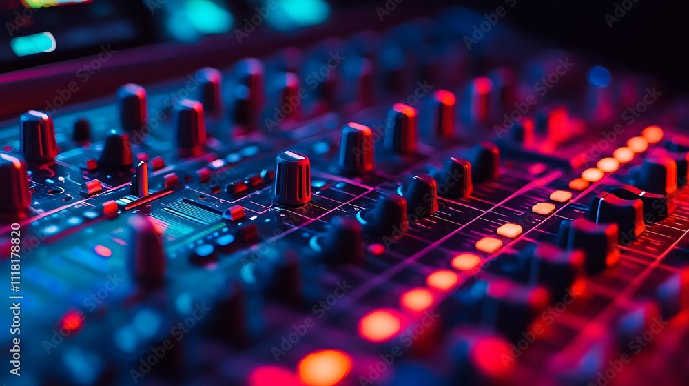 Close-up of a sound mixing console with glowing red and blue lights. Close-up of a sound mixing console with glowing red and blue lights.