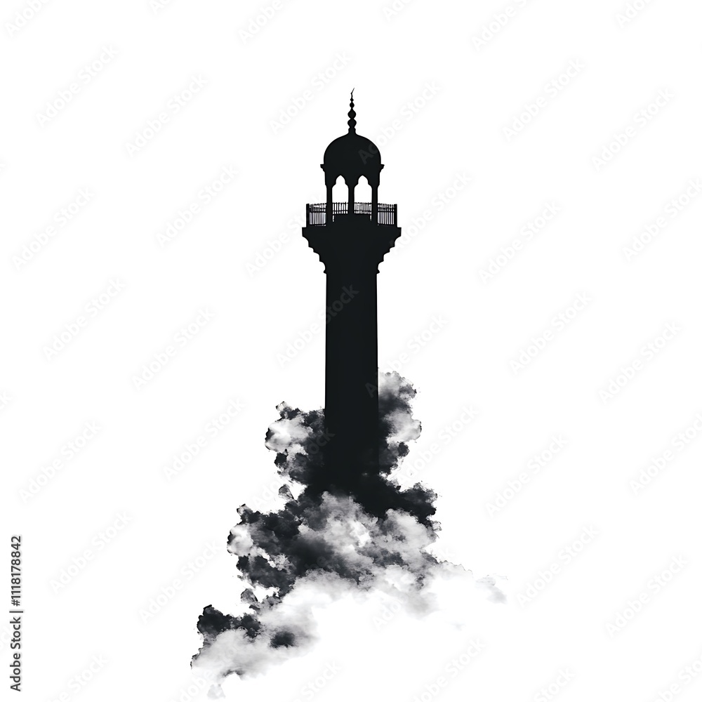 Fototapeta premium Minaret silhouette with clouds on a white background.