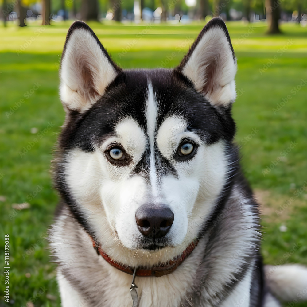 Vertical portrait of a Siberian Husky dog in the park Vertical portrait of a Siberian Husky dog in the park
