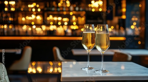 New Year's Eve, champagne glasses with golden ribbons on a white background with bokeh lights