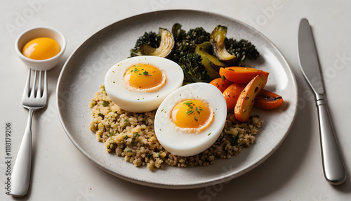 Close-up of a boiled egg with creamy yolk, served with quinoa and roasted vegetables on a sleek, minimalist plate