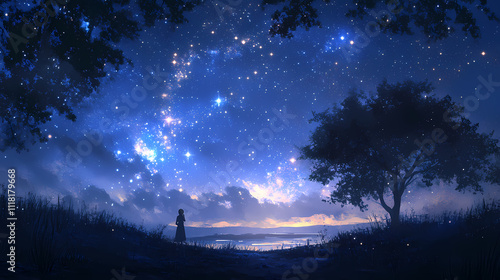 Captivating image of a deep blue night sky dusted with glittering stars and nebulae. Aether. Illustration photo