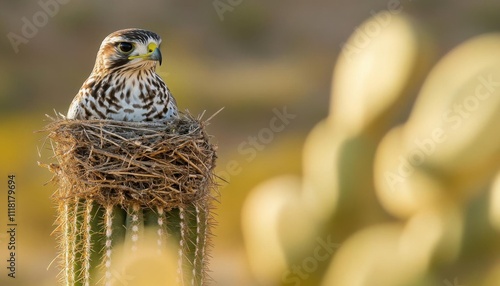 Hawk perch nest in a tall desert cactus, adaptive wildlife housing, focus cover all  object, deep depth of field, no blur, photo not dark, everything is clear, copy space photo