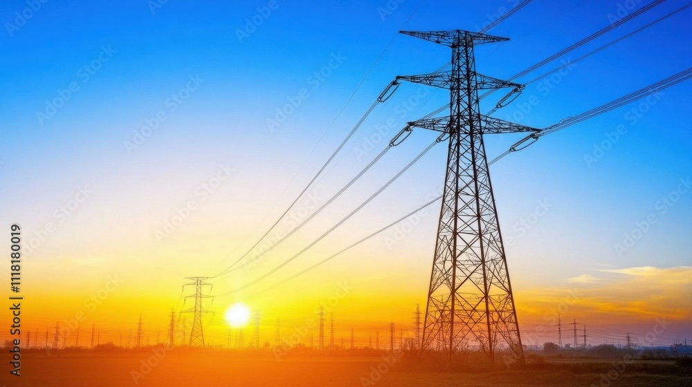 Fototapeta premium Steel Pylon and High Voltage Power Lines at Sunset