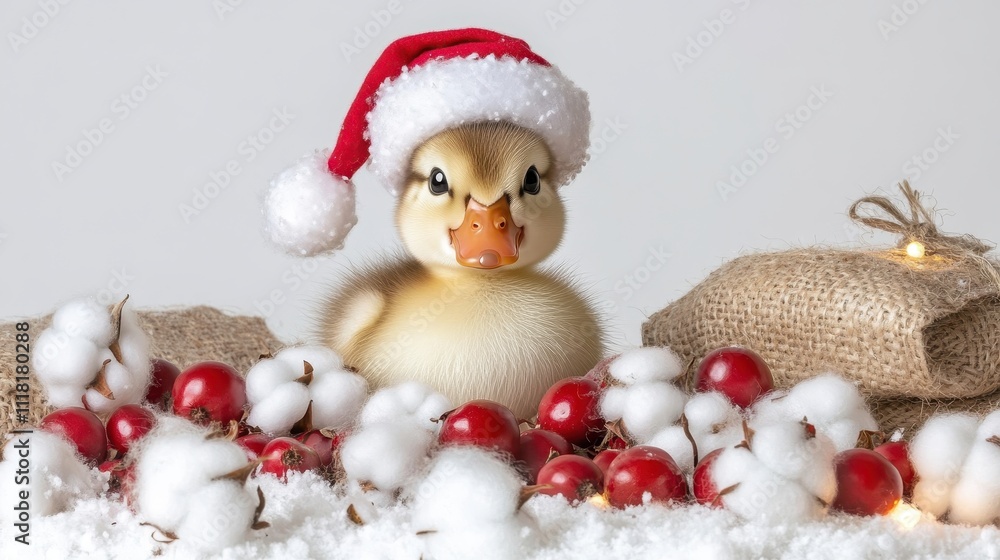 Obraz premium Adorable Duckling in Santa Hat Surrounded by Holiday Decorations and Snow