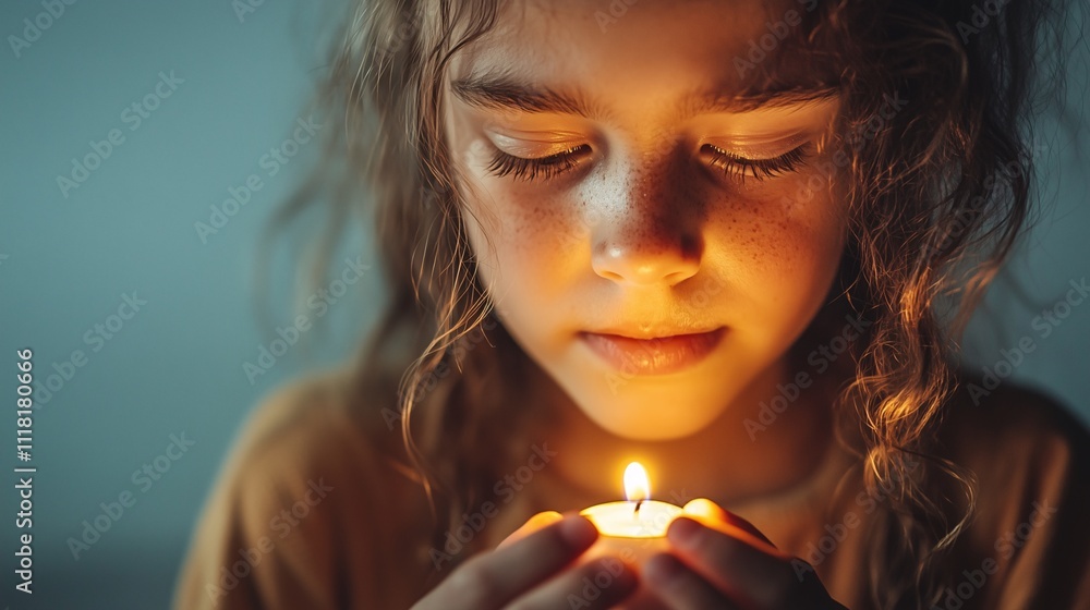 Child Holding Candle in Reflection with Warm Glow Child Holding Candle in Reflection with Warm Glow