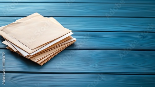 Stack of brown folders on a blue wooden surface, symbolizing organization and paperwork in an office setting. photo