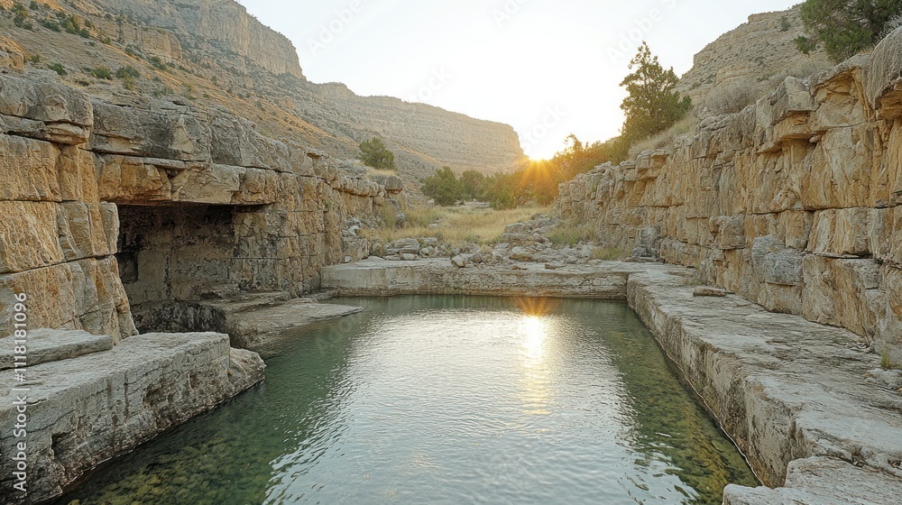 Ancient stone pool at sunset in a mountain valley. Ancient stone pool at sunset in a mountain valley.