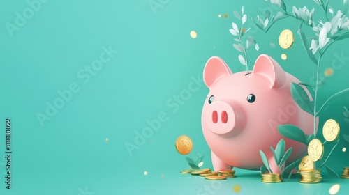 Pink piggy bank on teal with green saplings sprouting and gold coins symbolizing eco-investment