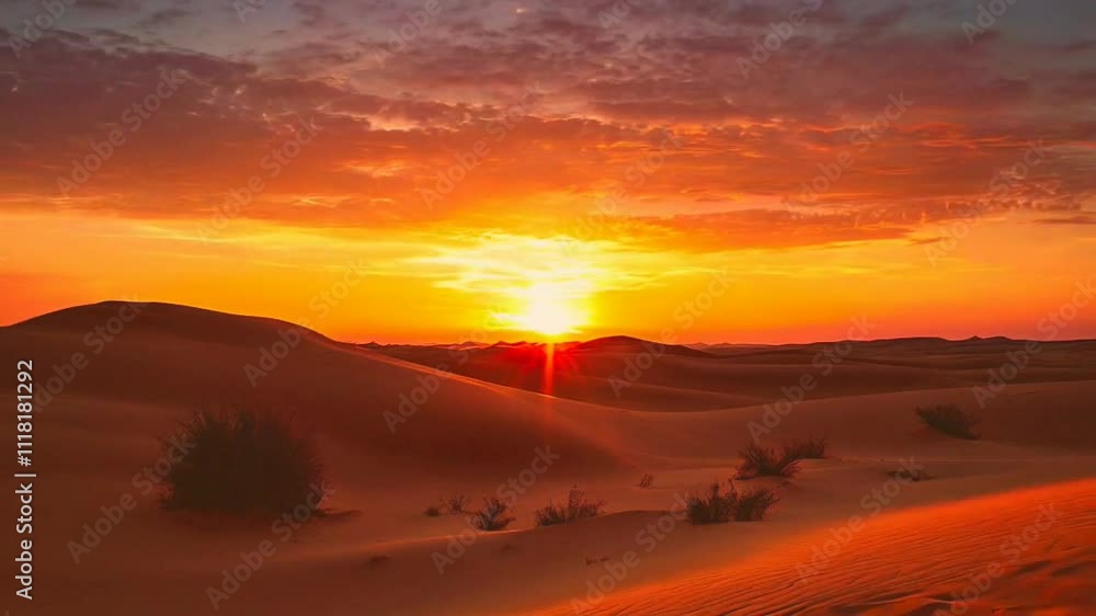 Golden sunrise over sand dunes, casting a warm glow Golden sunrise over sand dunes, casting a warm glow