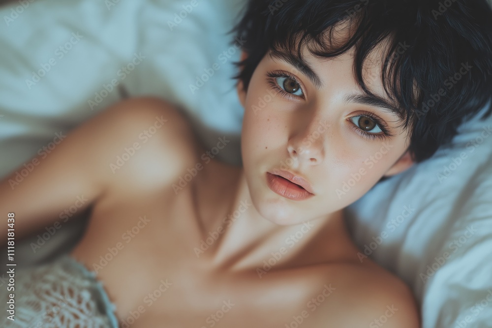 Young woman with short hair relaxing on bed in soft natural light, gazing thoughtfully into camera with gentle expression and minimalist aesthetic Young woman with short hair relaxing on bed in soft natural light, gazing thoughtfully into camera with gentle expression and minimalist aesthetic
