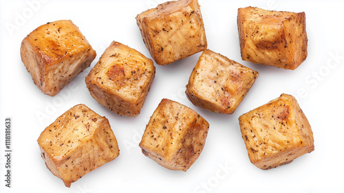 Roasted chicken cubes isolated on white background
