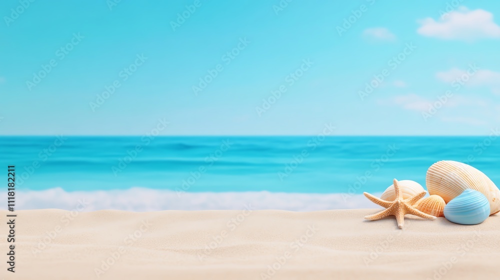 Tranquil beach scene with seashells and starfish on sandy shore, overlooking clear blue ocean and sky. Ideal for travel inspiration. Tranquil beach scene with seashells and starfish on sandy shore, overlooking clear blue ocean and sky. Ideal for travel inspiration.