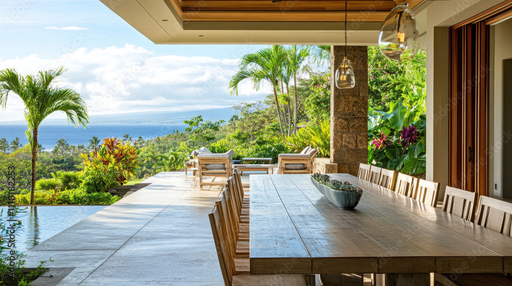 Obraz premium Elegant outdoor dining area overlooking a lush tropical landscape with ocean views, featuring wooden furniture and modern design elements.