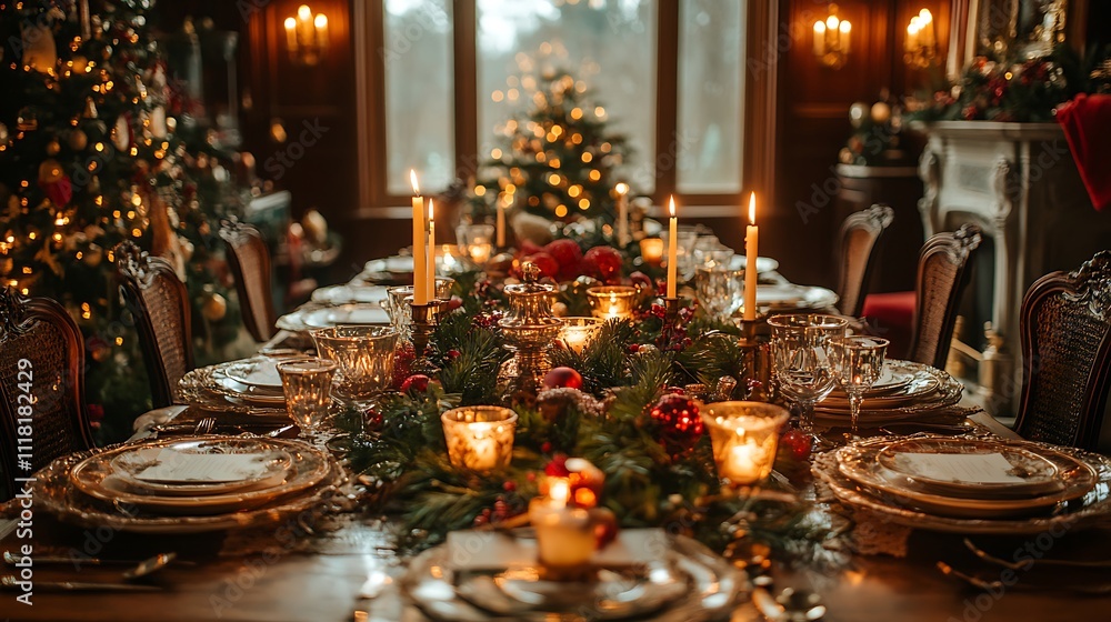 Maximalist Christmas dinner table in a Victorian-style room with layered tableware lush greenery and glowing candles Maximalist Christmas dinner table in a Victorian-style room with layered tableware lush greenery and glowing candles