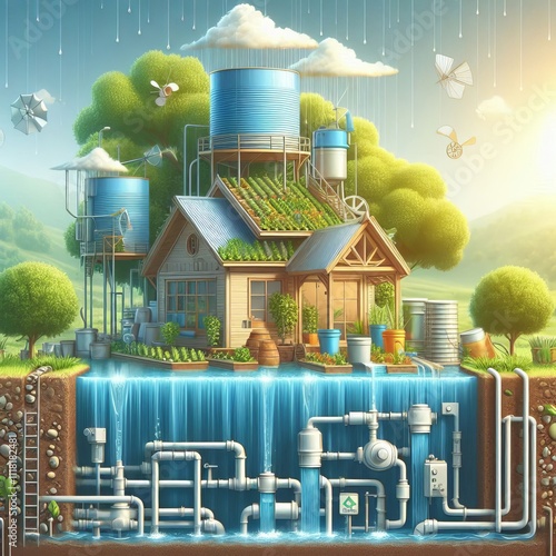 Rainwater Harvesting System Illustration of a system collecting