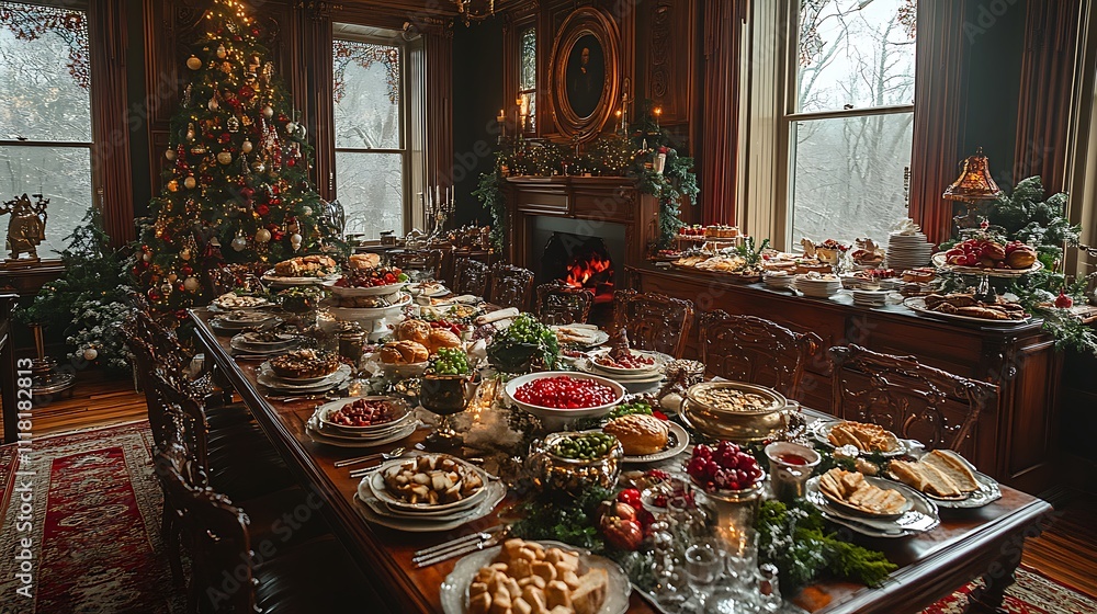 Maximalist dining room featuring a Victorian Christmas table filled with festive food and luxurious seasonal accents Maximalist dining room featuring a Victorian Christmas table filled with festive food and luxurious seasonal accents