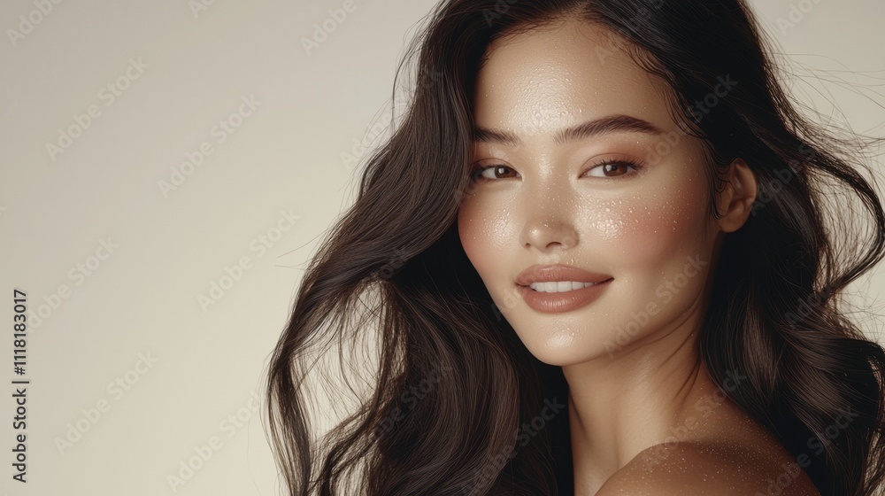 Stunning model portrait with dewy makeup studio high fidelity focus glamour close-up beauty concept Stunning model portrait with dewy makeup studio high fidelity focus glamour close-up beauty concept