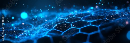 Futuristic hexagonal network with glowing blue lights and digital connections