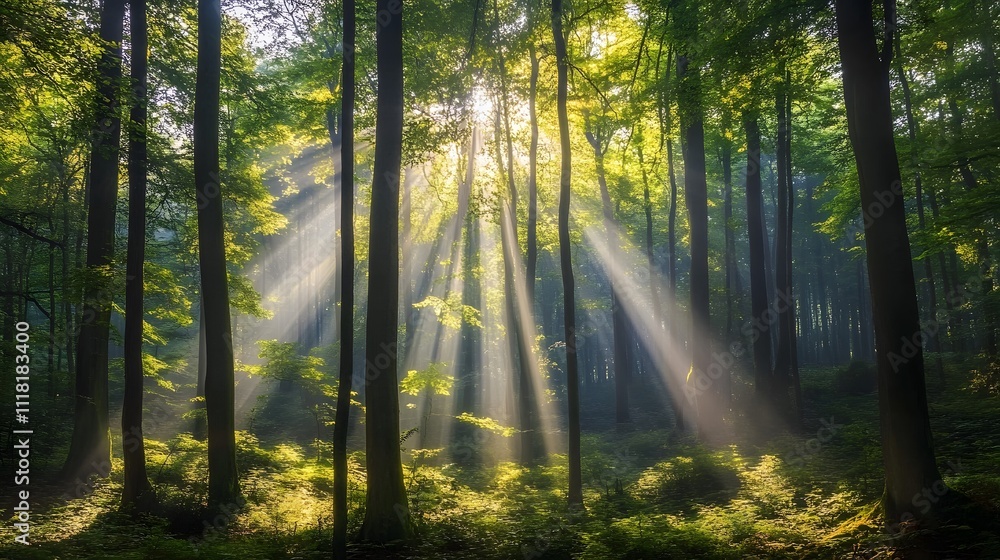 Naklejka premium Sunlit Forest Glade with Tall Trees and Shadows