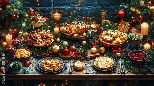 Flat design maximalist Christmas dinner scene with intricate Victorian-style table decor and traditional holiday dishes