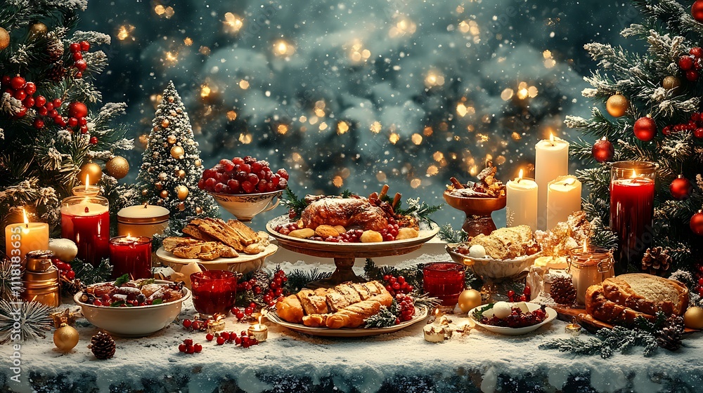 Flat design maximalist Christmas dinner scene with intricate Victorian-style table decor and traditional holiday dishes Flat design maximalist Christmas dinner scene with intricate Victorian-style table decor and traditional holiday dishes