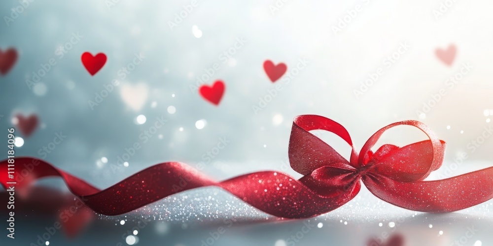 Red ribbon and floating hearts on glittery background for romantic celebrations Red ribbon and floating hearts on glittery background for romantic celebrations