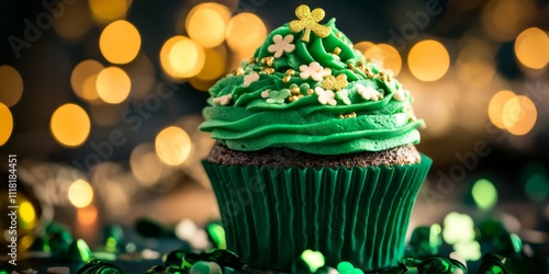 Green Sprinkles. Christmas Cupcakes with Red and Green Sprinkles on Sparkling Holiday Background