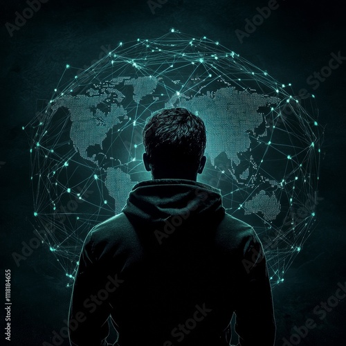 A hacker's silhouette in front of a bright digital globe signifies the global nature of cyber threats and attacks.