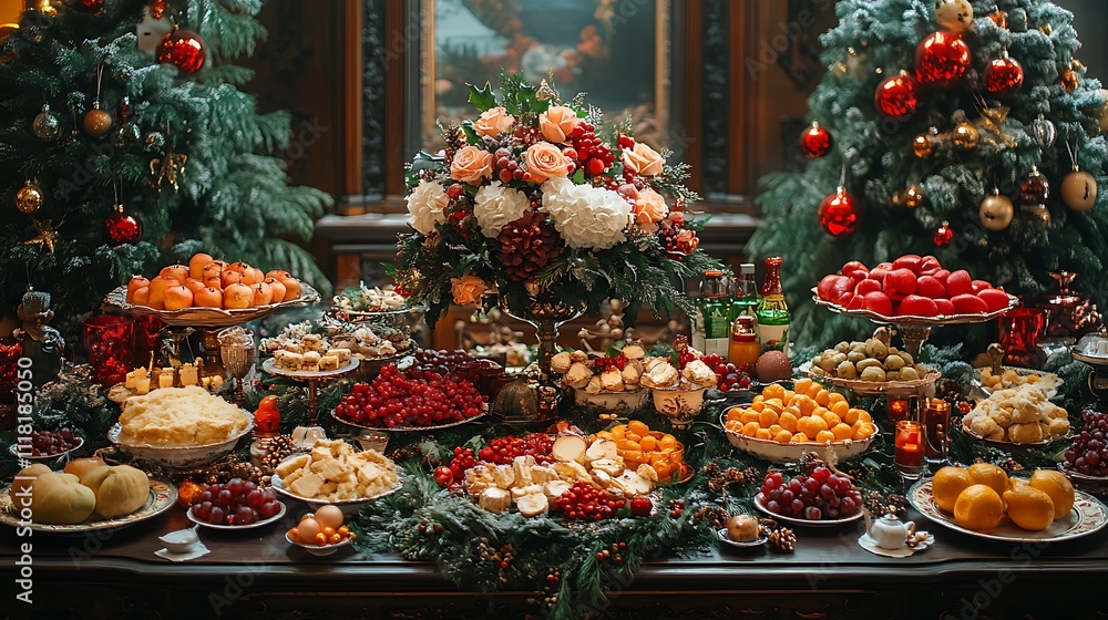 Flat design maximalist Christmas feast with a richly adorned Victorian table featuring festive colors and luxurious details Flat design maximalist Christmas feast with a richly adorned Victorian table featuring festive colors and luxurious details