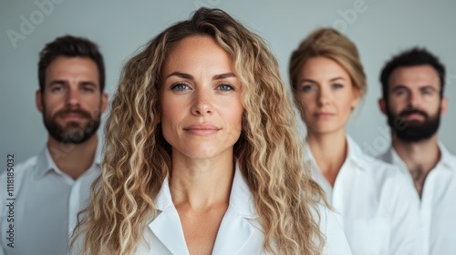 A group of four confident medical professionals in white coats stand together, embodying healthcare teamwork and dedication, set against a clean background. photo