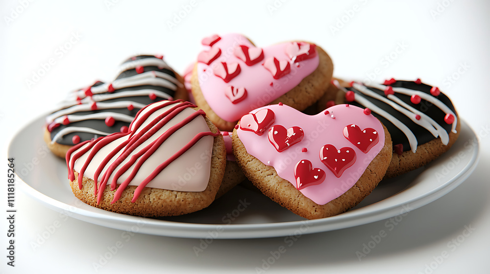 A plate of heart-shaped cookies with pink frosting A plate of heart-shaped cookies with pink frosting