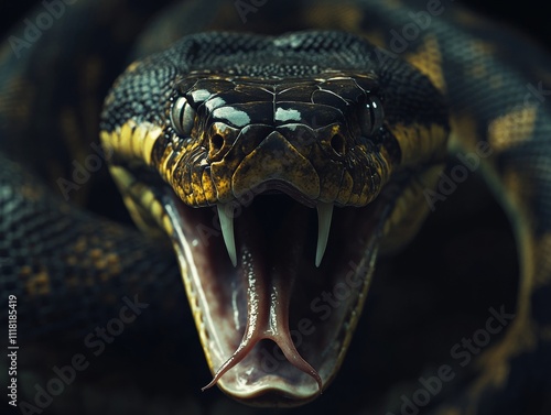 A concept image of a snake yawning, revealing its gaping mouth and menacingly sharp fangs. photo