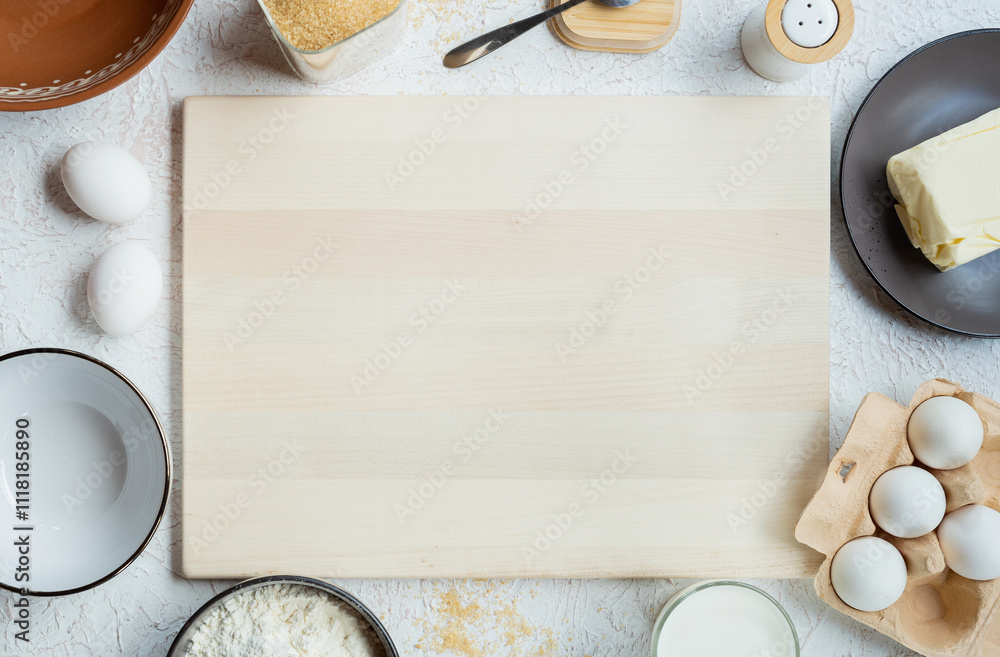 Foto Light cutting board and baking ingredients on table