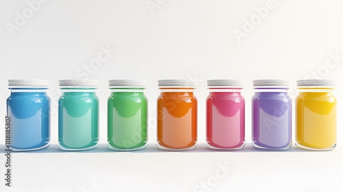 A minimalist set of New Year resolution jars labeled with inspirational quotes and filled with tiny notes. White background. No shadow