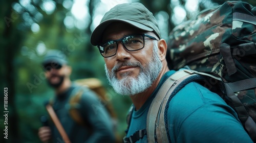 A man wearing glasses and a cap leads the way with a friend in a deep green forest, embodying exploration and companionship in the great outdoors. photo