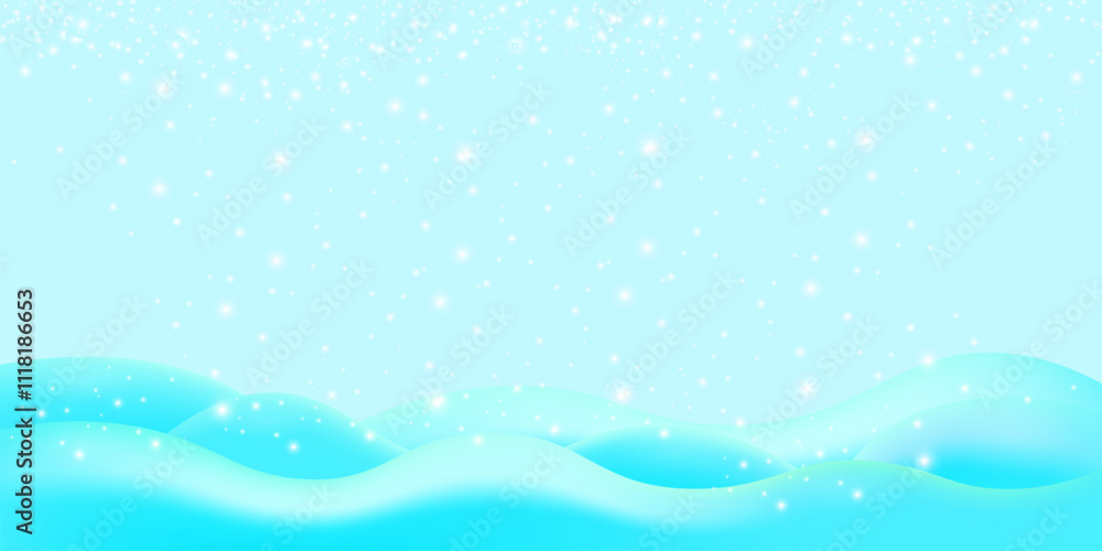 Realistic cartoon snow hills with falling snowflakes and blue sky background. Winter wide landscape design element with blue snow. Minimal nature composition with snowy fields and falling snow Realistic cartoon snow hills with falling snowflakes and blue sky background. Winter wide landscape design element with blue snow. Minimal nature composition with snowy fields and falling snow
