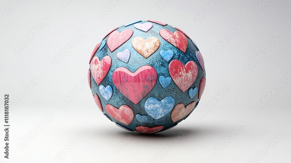 A sphere with many hearts of various colors, textured like wood, on a bright white background. A sphere with many hearts of various colors, textured like wood, on a bright white background.