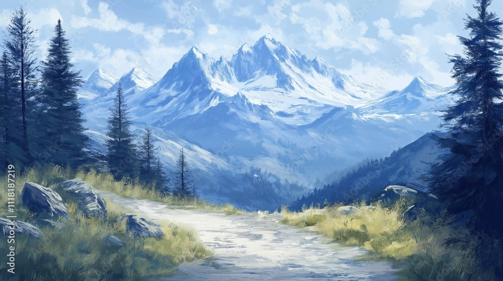 Serene mountain landscape with a lush pathway leading to the summit at daylight Serene mountain landscape with a lush pathway leading to the summit at daylight